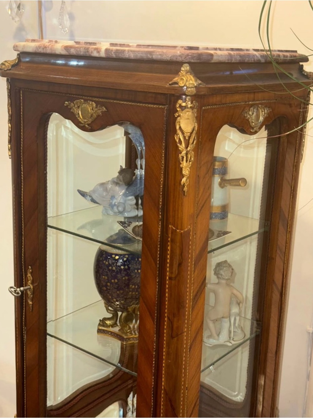 Antique 1900 Wood and Gold Display Curio Cabinet with Marble Top - Brown & Gold.